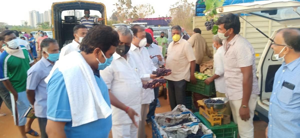 Karnataka ministers visit the APMC market at Dasanapura on the outskirts of Bengaluru. Special arrangement