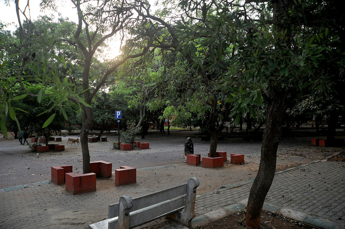 The parking lot at High Court in Bengaluru on Tuesday. The surrounding area where several cars used to park is now deserted due to the lockdown