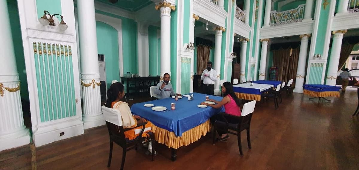 Tourists dining at Lalith Mahal Palace hotel in Mysuru on Thursday.