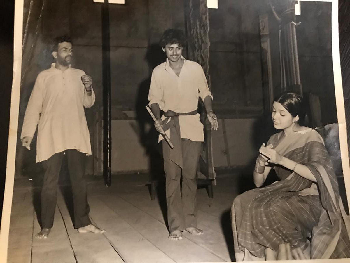 B V Karanth, Ramesh Bhat and Revathi Rangachar in a play called 'Krishna Parijatha'