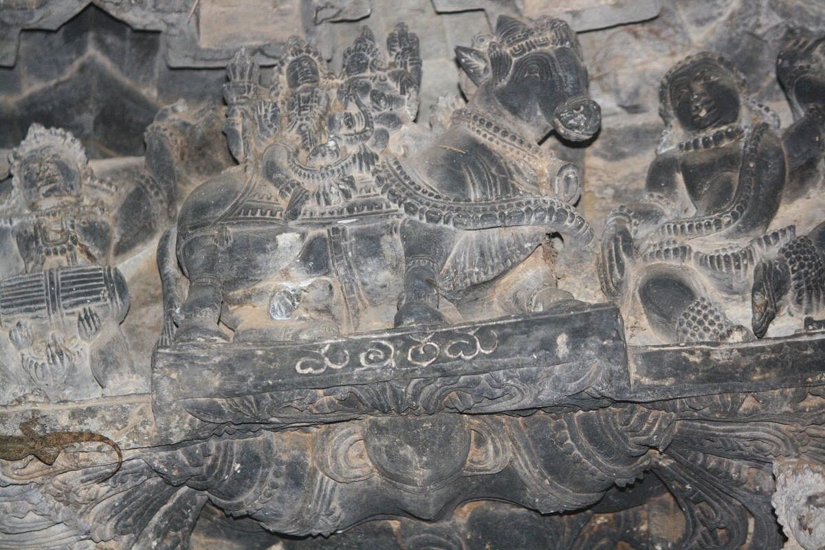 A part of the ceiling of the Amriteshwara Temple at Tarikere, with the signature of the prolific artisan Mallitamma