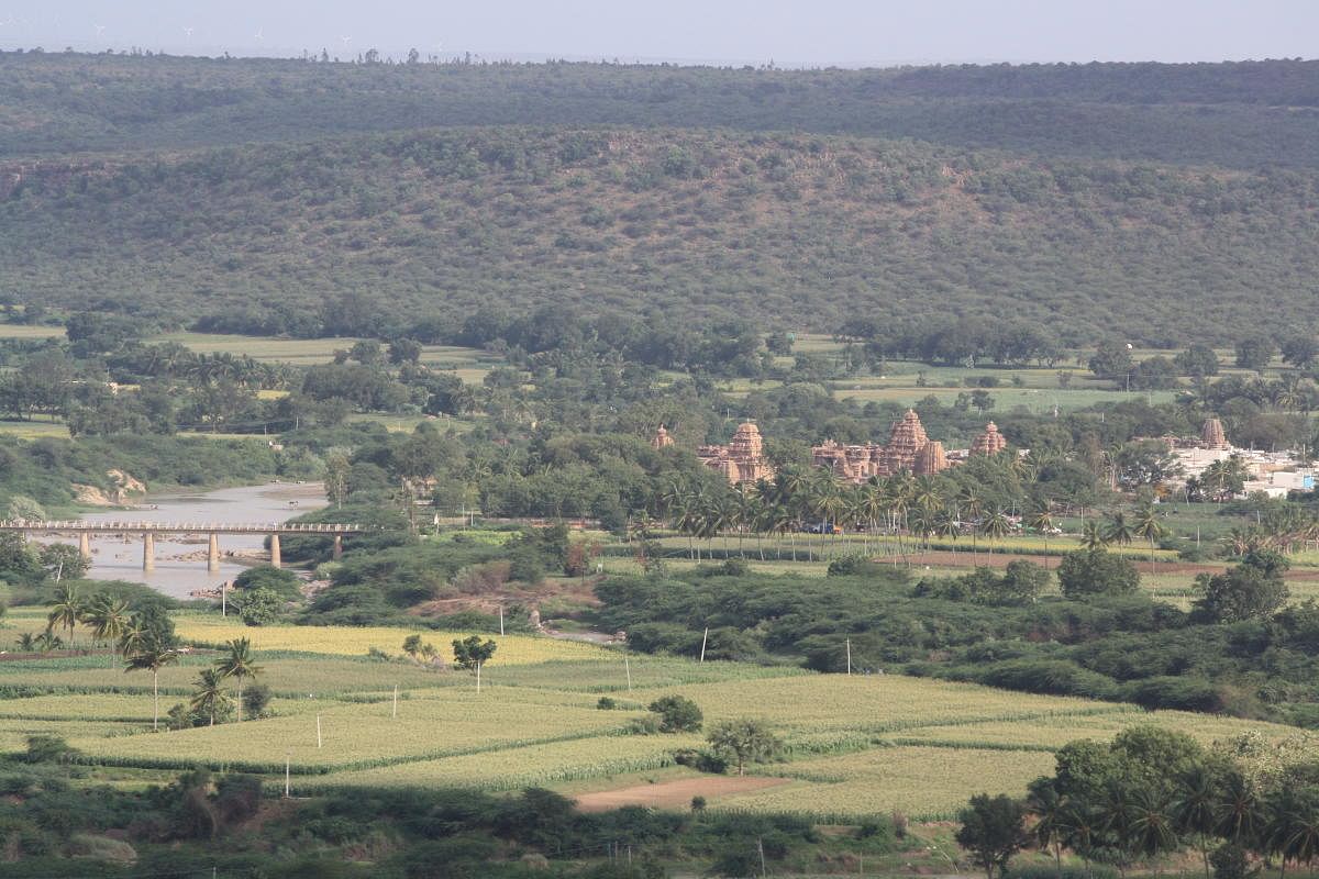 (Clockwise from top) The group of monuments at Pattadakal beside River Malaprabha, as seen from Motara Maradi; a crude dolmen at Motara Maradi; inscriptions and sketches at one of the early Chalukyan quarries near Pattadakal; a stone circle megalith at Mo