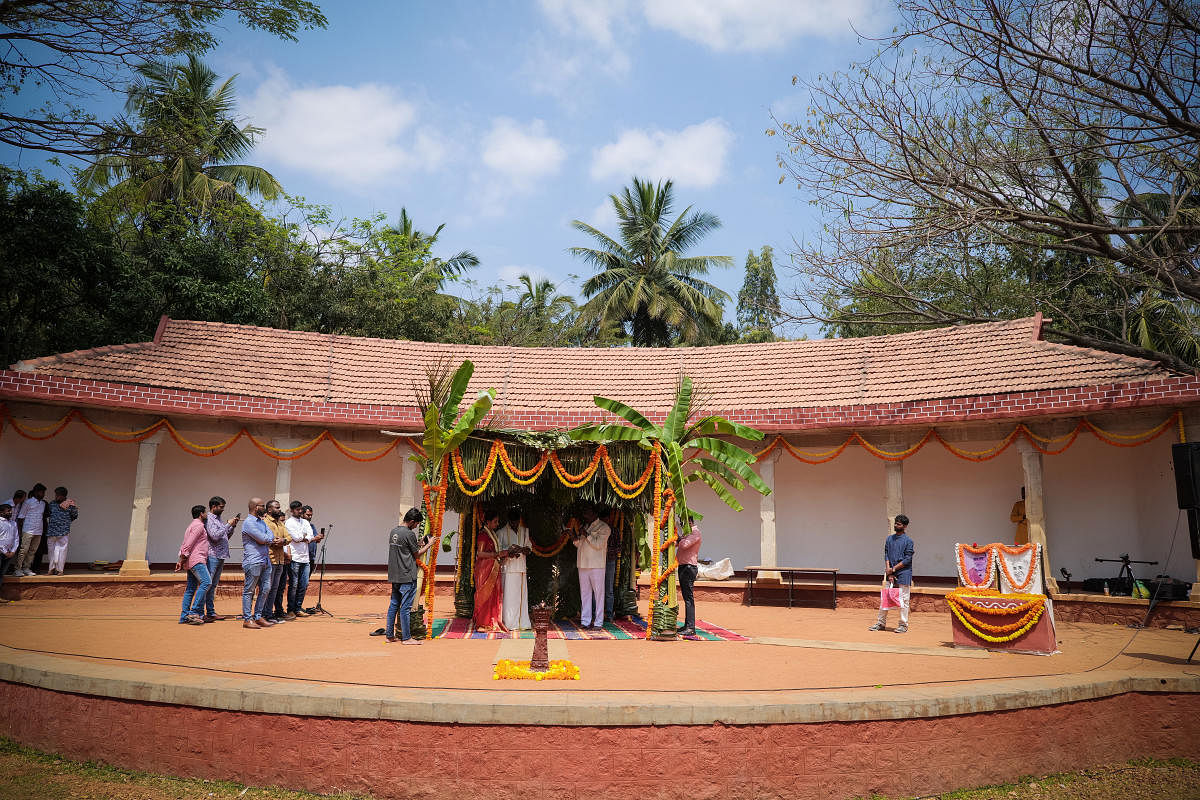 The wedding mantapa of Swathi K H and GoraviAldur (inset), at Ramanagara in February this year.