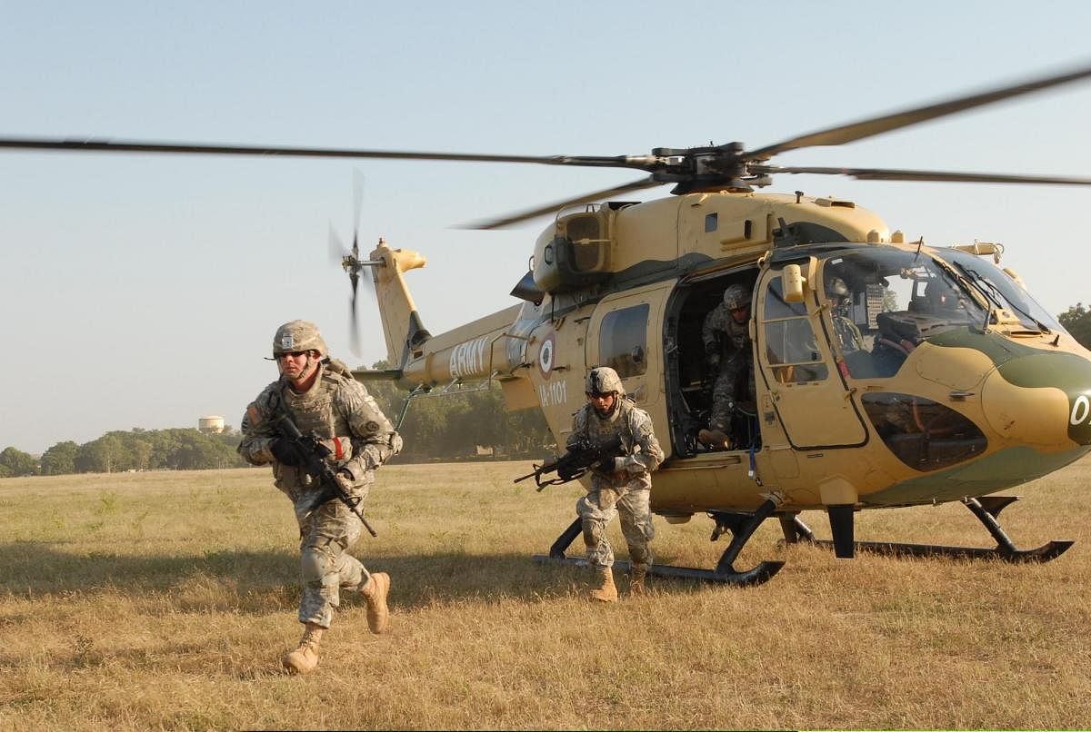 US Army soldiers deploy out of a HAL-made ALH during joint exercise Yudh Abhyas.