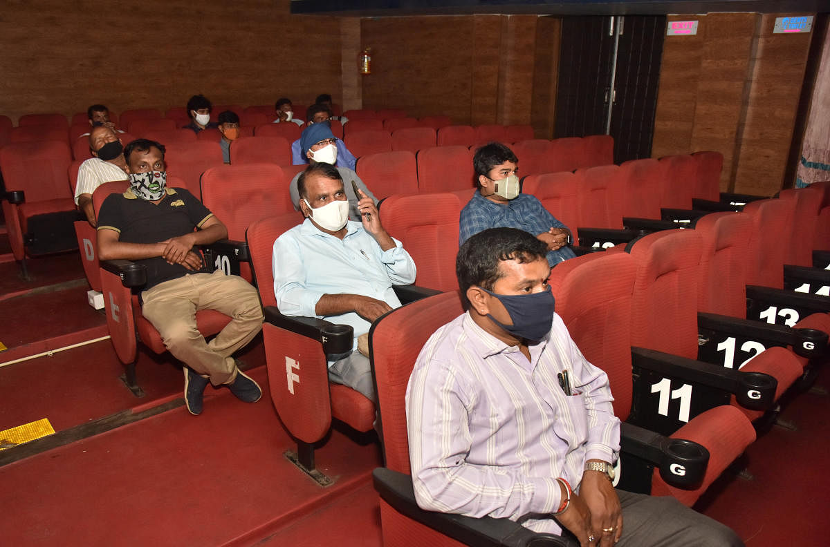 Few cine-goers turned up as theatres reopened after almost seven months. This was the scene at Sharadha Theatre in Bengaluru on Thursday. DH PHOTO/JANARDHAN B K