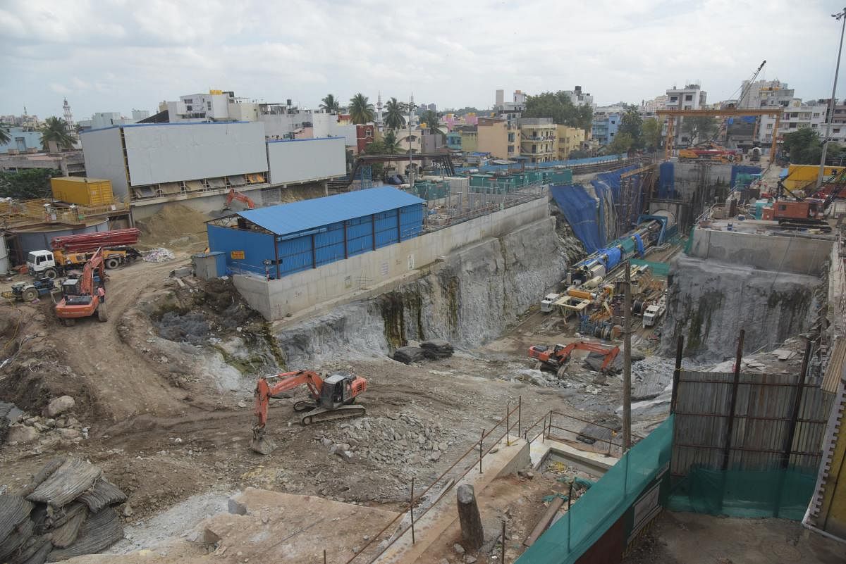 On-going metro construction work at Abdul Bari's High School Ground, near Bamboo Bazar,Sulthangunta, Shivaji Nagar, in Bengaluru. Photo/ B H Shivakumar