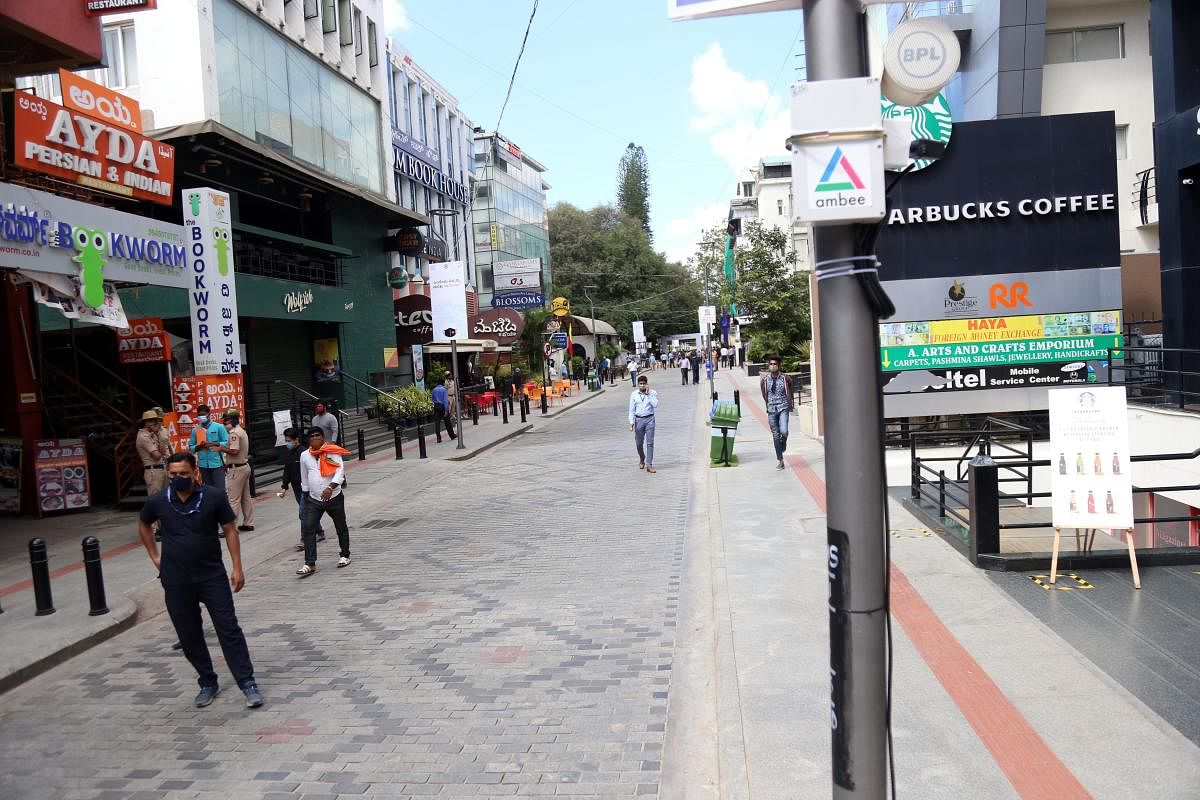 Air purifiers have been installed in various parts of Church Street to study pollution levels during the weekend traffic ban. DH PHOTO/B K JANARDHAN