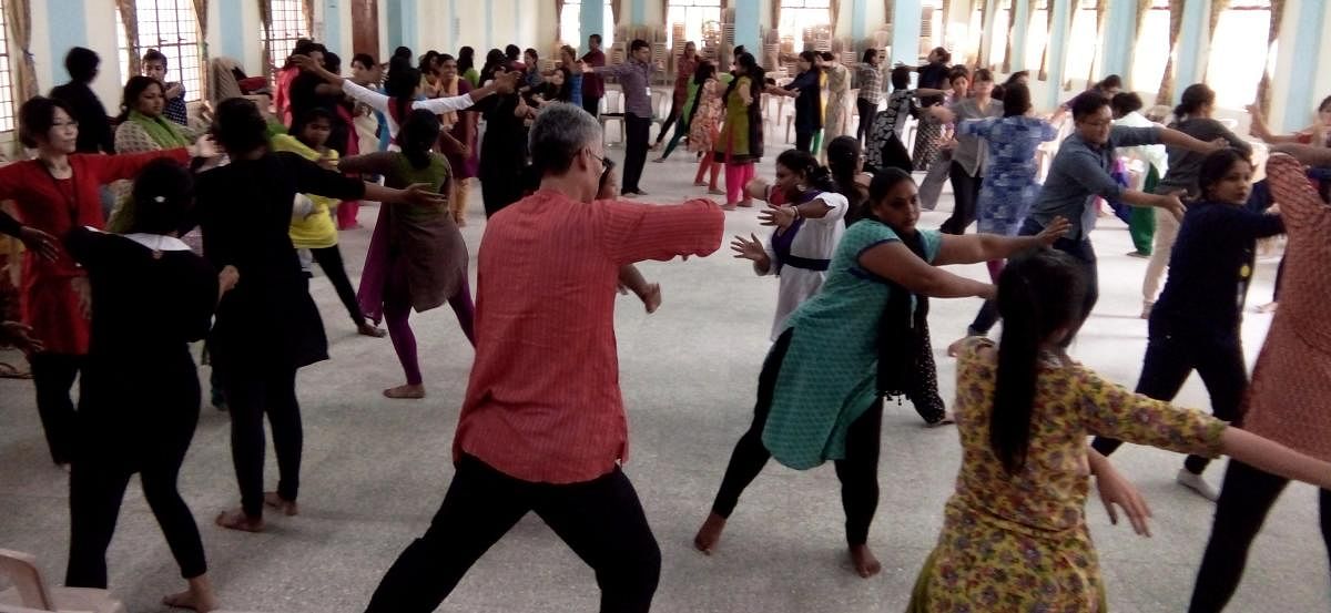Tripura Kashyap; a dance movement therapy class underway. 