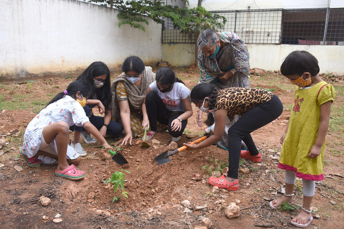 Children plant saplings in a vacant plot. DH Photo/S K Dinesh