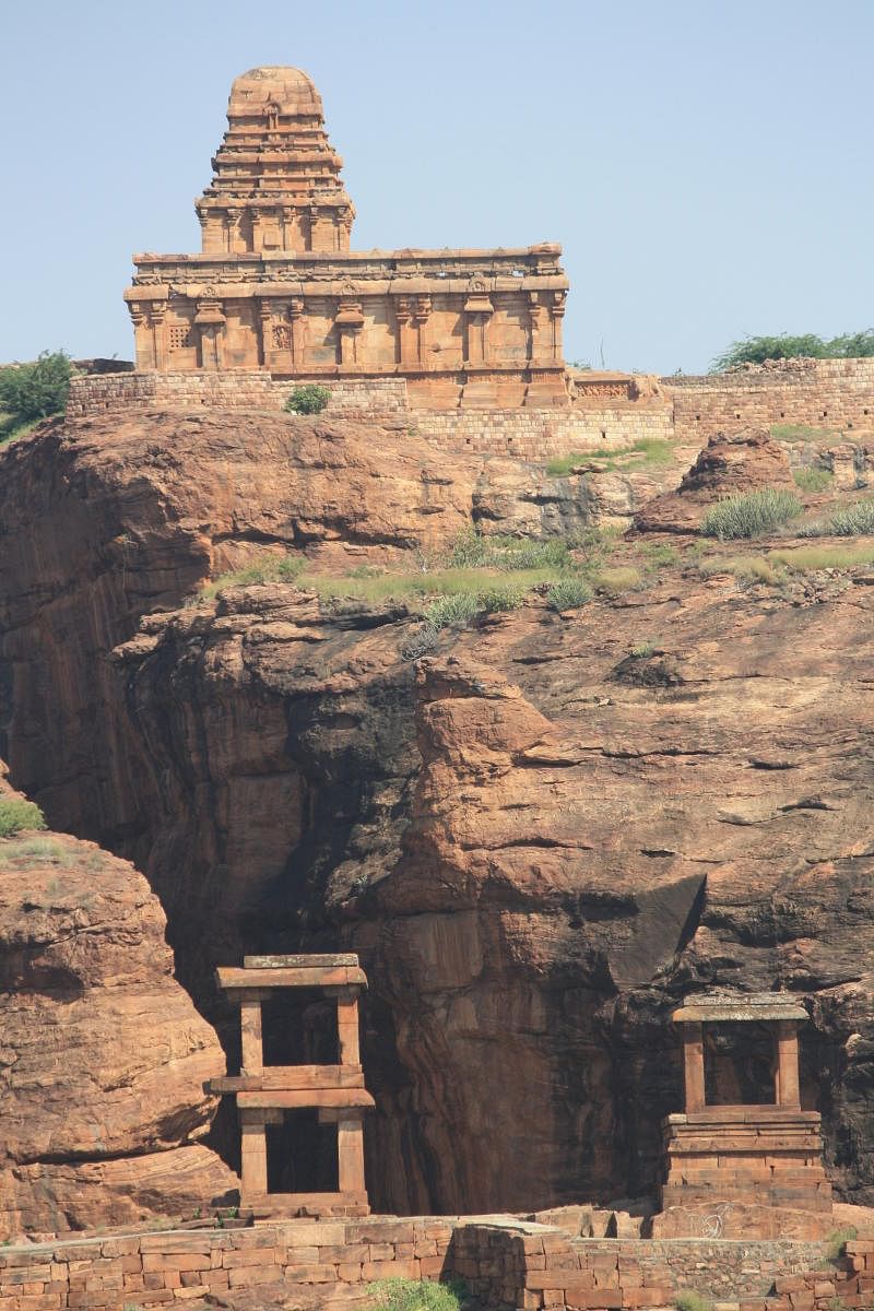 The unfinished open mantapas at Badami, and the Upper Sivalaya, seen from the South Fort. Photos by Srikumar M Menon 