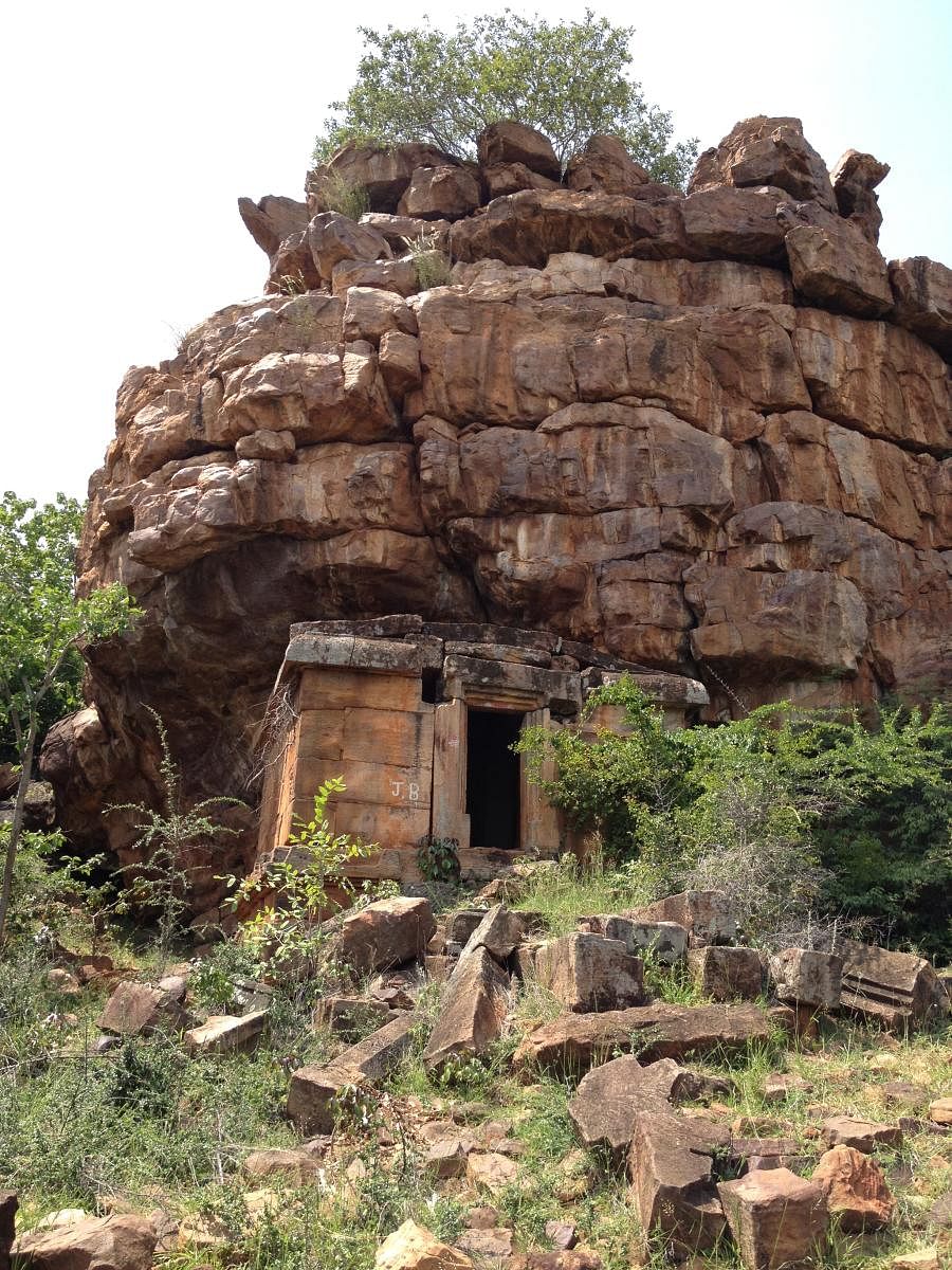 The Hire Makuteshwara Temple, at Mahakuta near Badami, which has a natural rocky outcrop as its spire. 