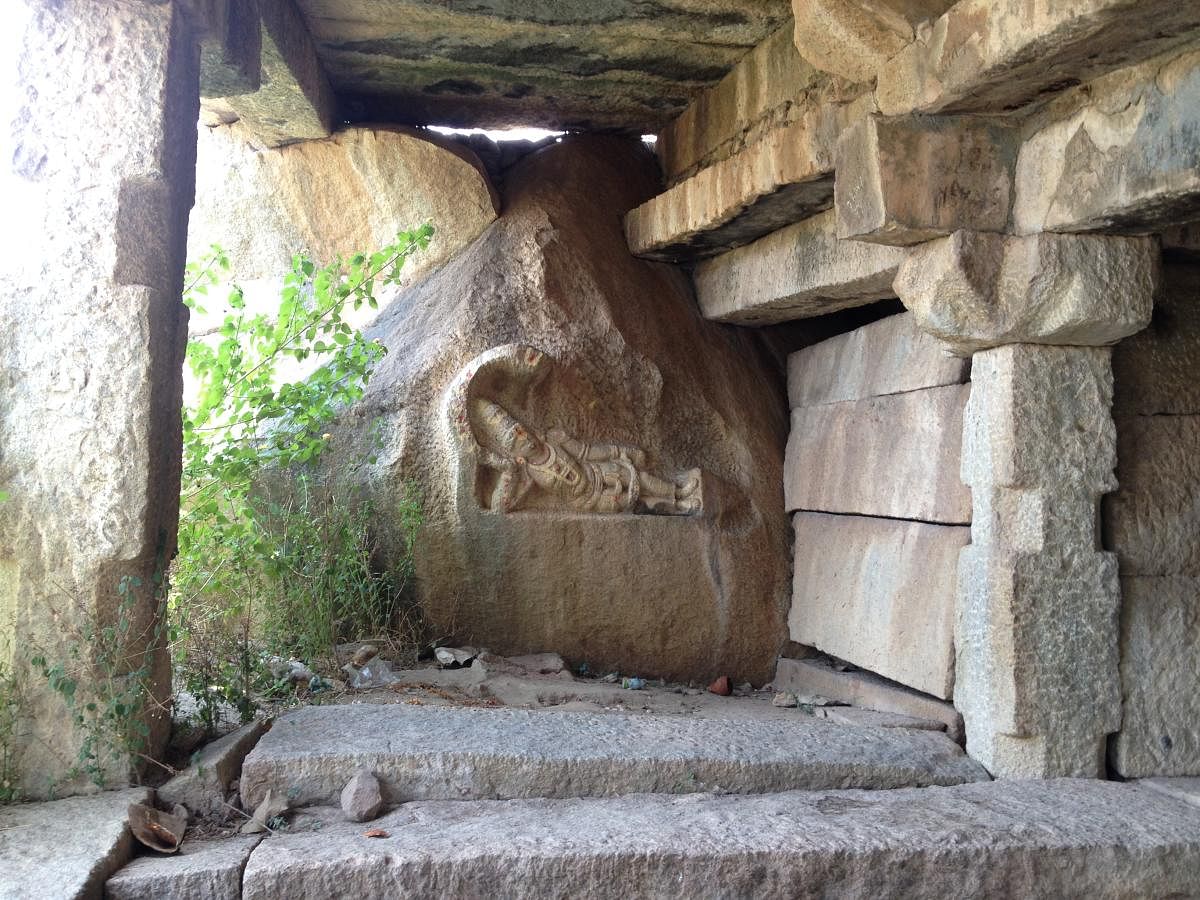 An image of Anantashayi Vishnu sculpted on a boulder in Hampi. Credit: DH Photo/Srikumar M Menon