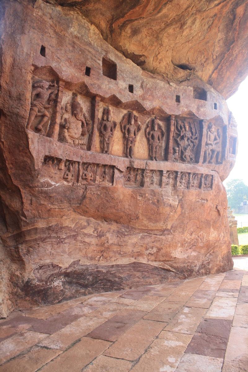 Images of deities carved on a boulder at Badami, with slots for wooden members. Credit: DH Photo/Srikumar M Menon