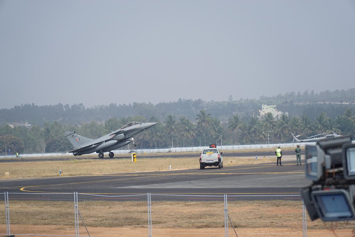 A Dassault Rafale of the Indian Air Force takes-off at Aero India 2021 on Wednesday.