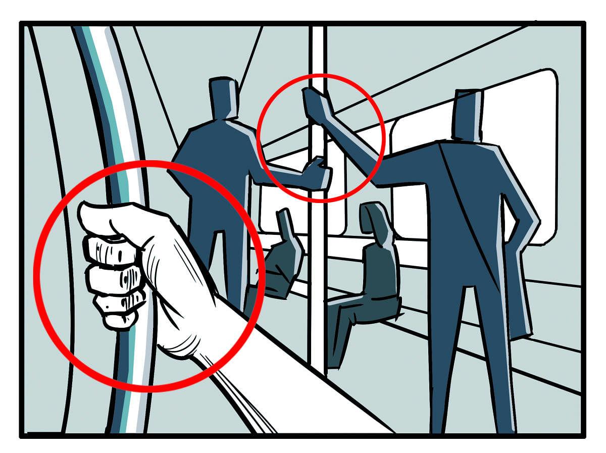 Minimising touch-points would mean not holding onto the railings as much as possible.