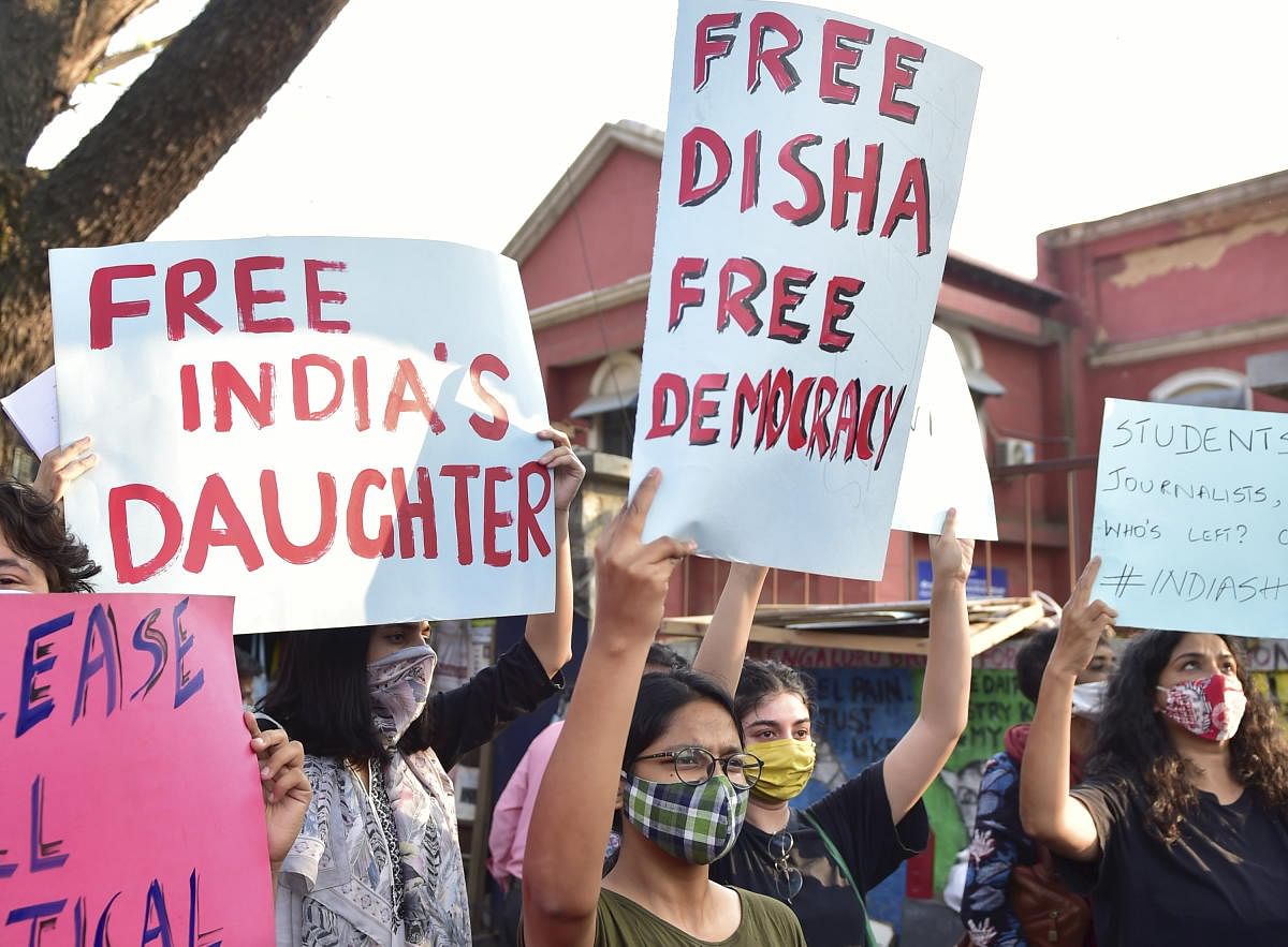 A protest in Bengaluru against the arrest of Disha Ravi. Credit: PTI Photo
