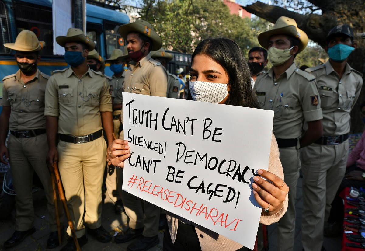 A protest in Bengaluru against the arrest of Disha Ravi.