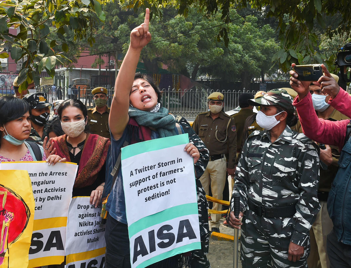 A protest in Delhi against the arrest of Disha Ravi. PTI