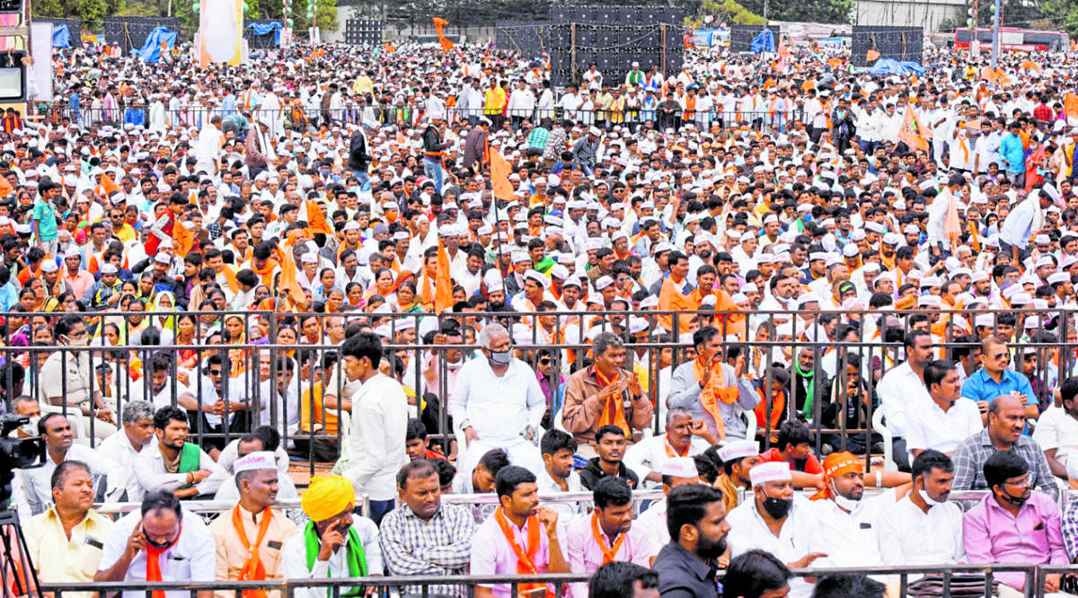 The crowd at Panchamasali community convention in Palace Grounds, Bengaluru on Sunday. DH Photo