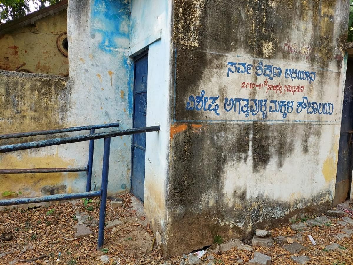 A toilet meant for the specially-abled children at the Government School in the Old Fort area of Chamarajpet is in dilapidated condition and shut for several months.