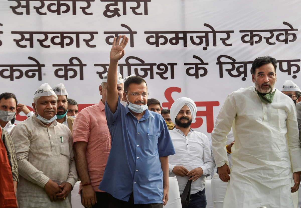 New Delhi: Delhi Chief Minister Arvind Kejriwal, Deputy CM Manish Sisodia during a protest against the Government of NCT Delhi (Amendment) Bill 2021, at Jantar Mantar in New Delhi, Wedensday, March 17, 2021. Credit: PTI Photo