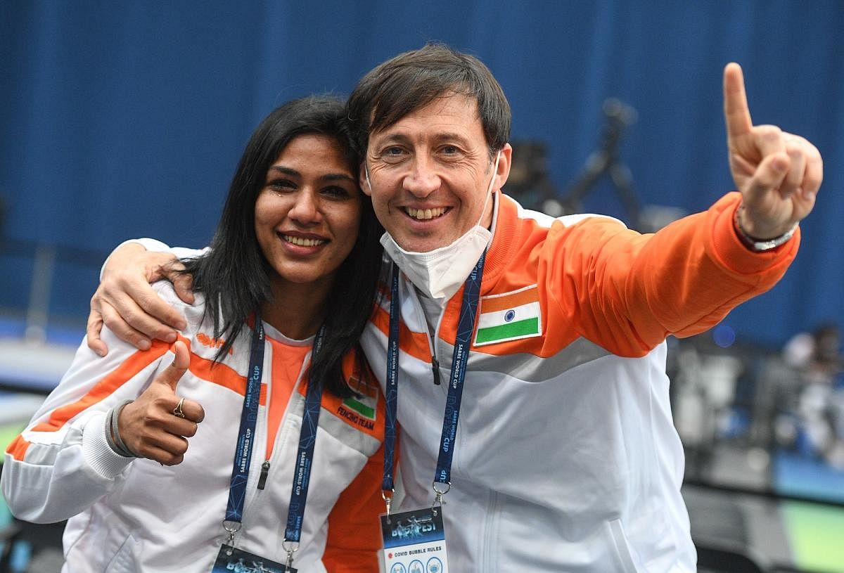 CA Bhavani Devi (left) with her Italian coach Nicola Zanotti, under whose guidance her game has improved leaps and bounds. TWITTER 