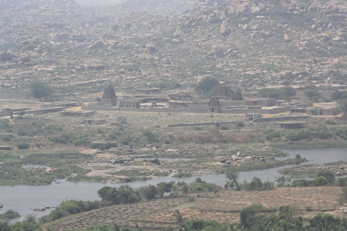 A view of the dramatic landscape and monuments of Hampi.