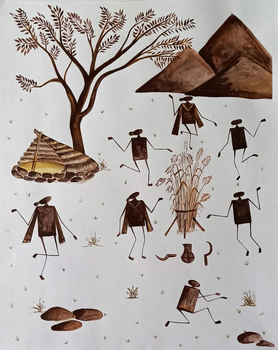The Kurumba paintings depict the tribe’s way of life--farming, animals, their honey hunting escapades and more.