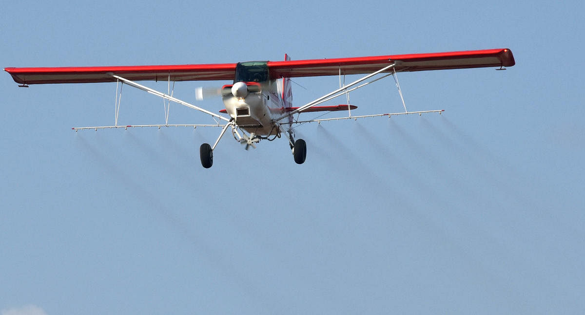 Organic disinfectants will be aerially sprayed over highly populated areas of the city. The project was launched at the Jakkur aerodrome on Saturday. DH Photo/Janardhan B K