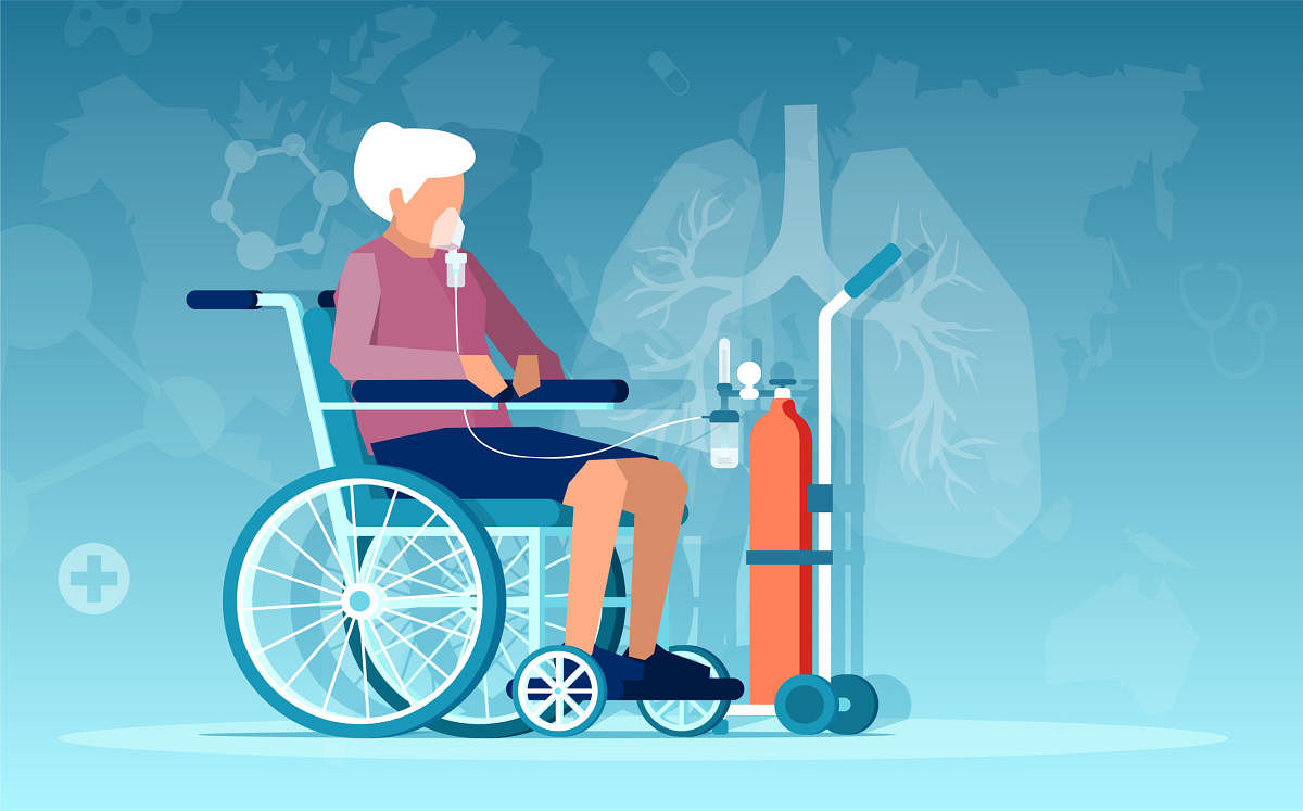 Vector of a senior woman sitting in wheelchair having respiratory difficulties on oxygen therapyof a senior woman sitting in wheelchair having respiratory difficulties on oxygen therapy