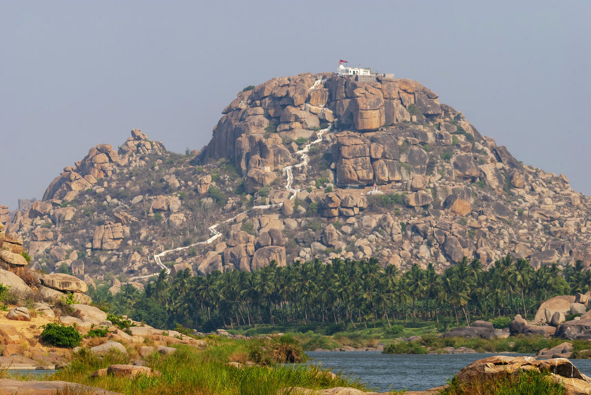 The Hanuman temple atop Anjanadri Hill in Hampi