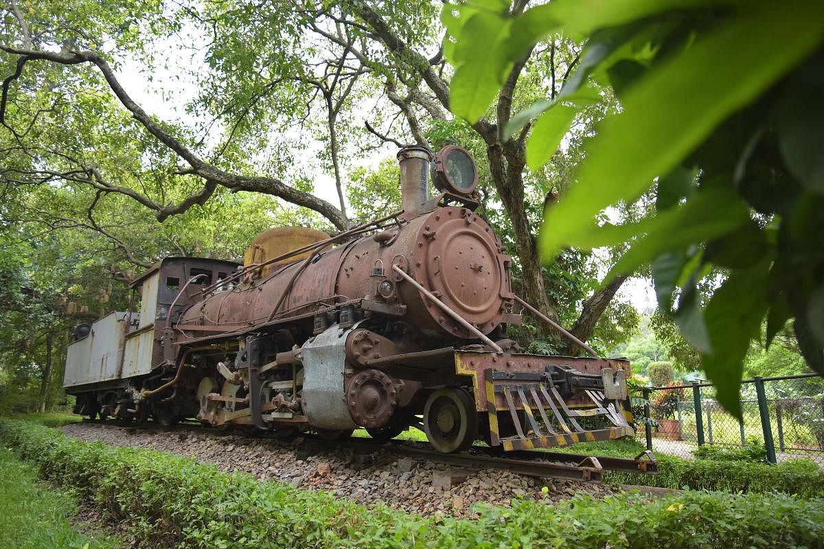 The locomotive lying in the Indira Gandhi Musical Fountain Park, Bengaluru. Credit: DH Photo/Pushkar V