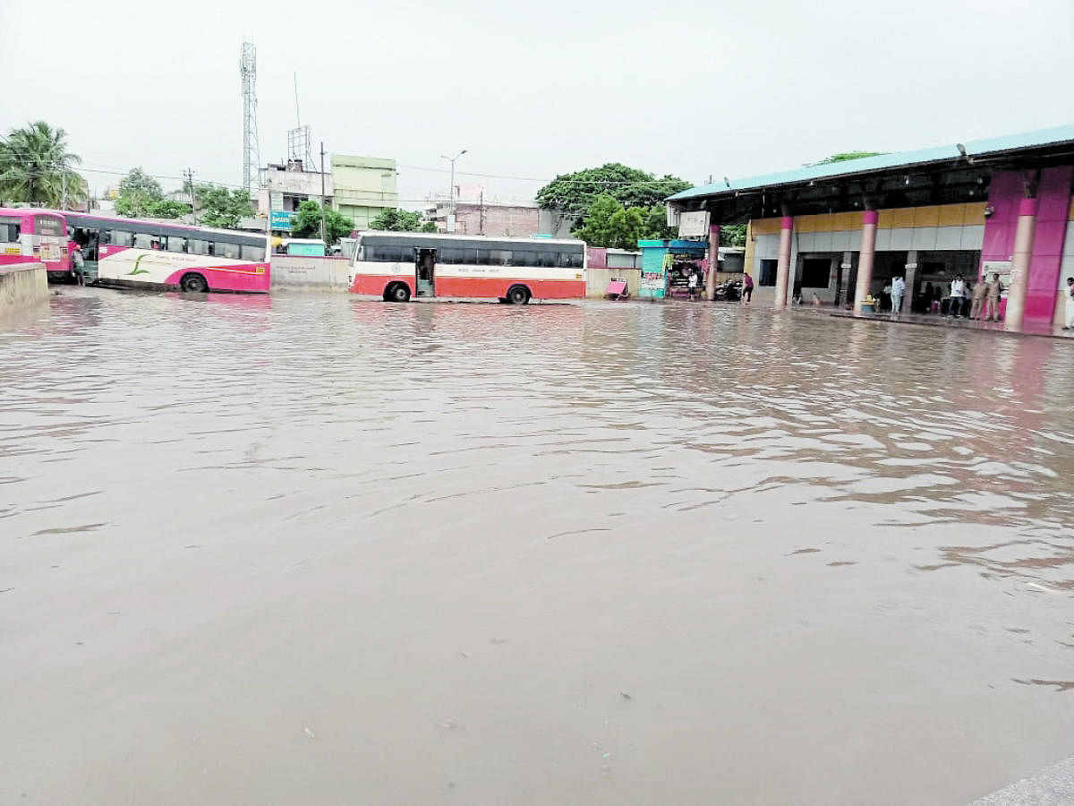 The KSRTC bus stand in Kottur of Ballari district inundated by rainwater.