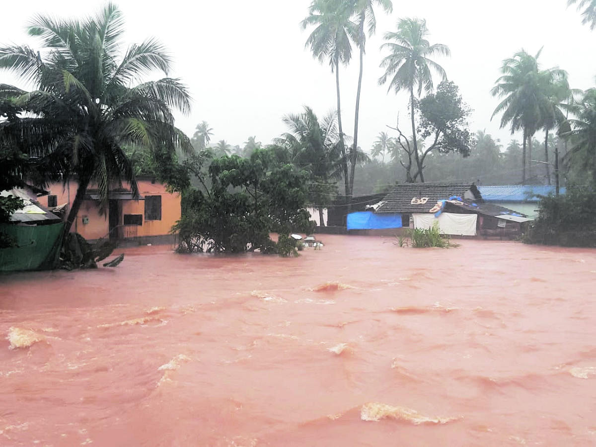 A view of the flooded houses in Bhatkal, Uttara Kannada district.