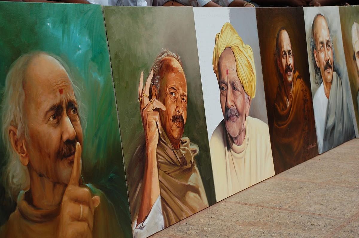 Colourful portraits and pencil sketches of poet laureate being displayed in the first floor of the Bendre Bhavan. DH photos by B M Kedarnath