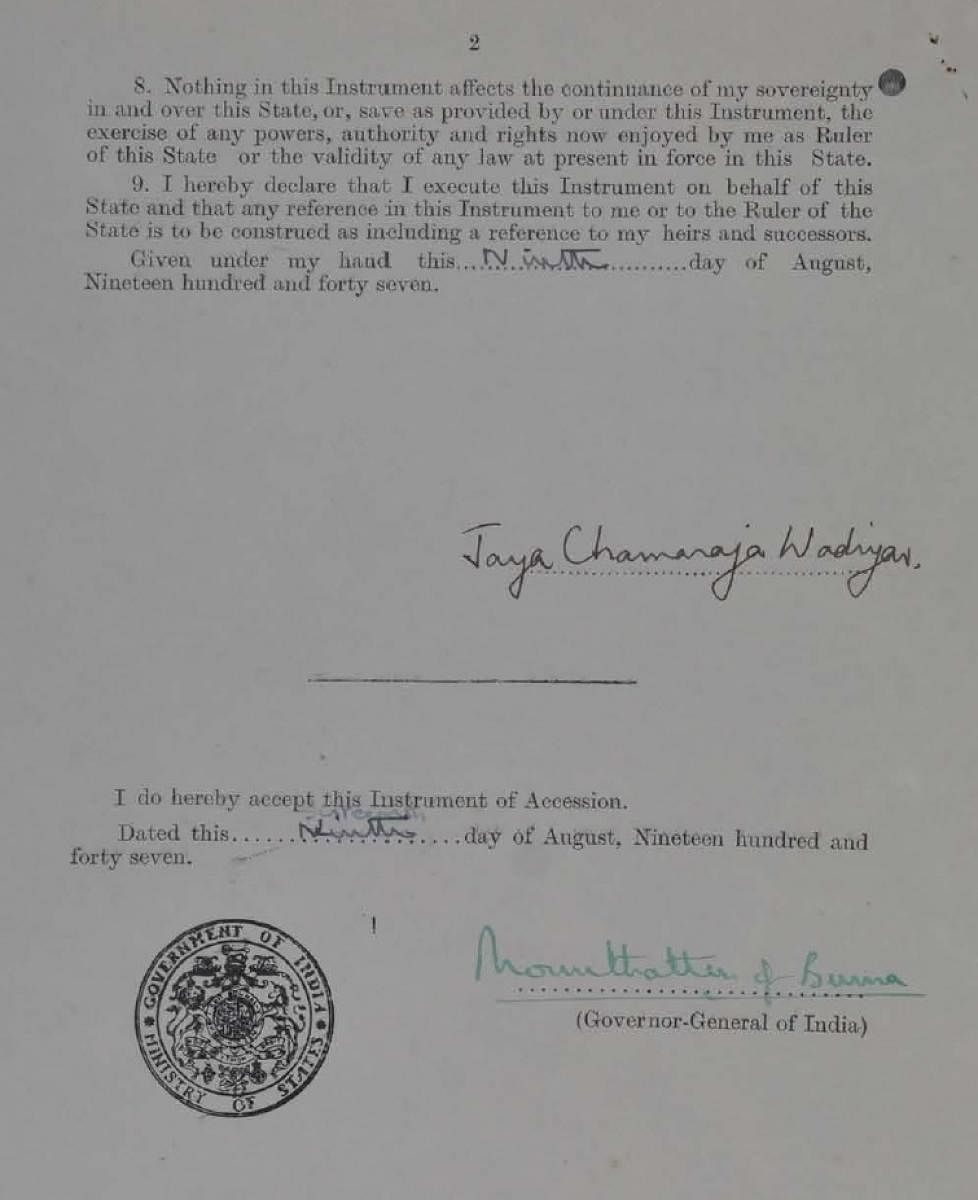 Instrument of accession signed by Mysore’s Maharaja. Image courtesy Raja Chandra