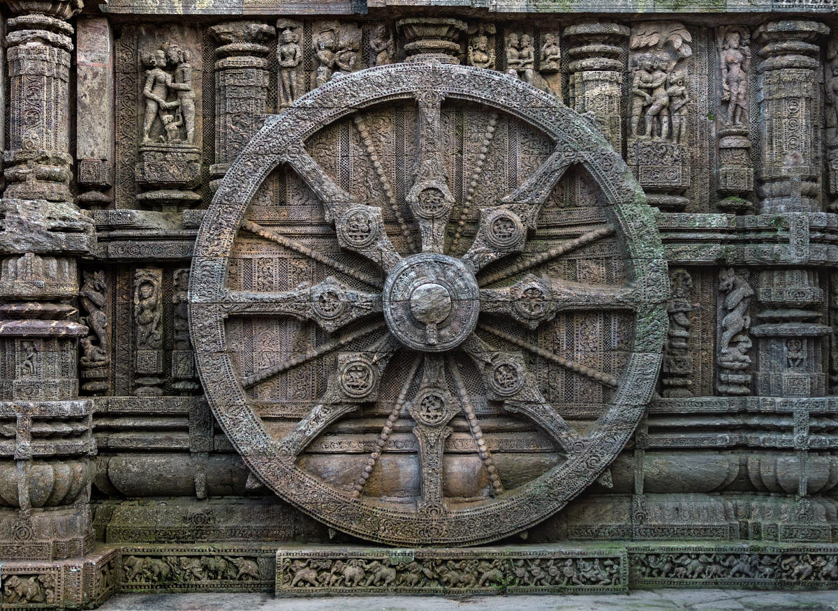 A stone wheel engraved in the walls of the Konark Temple in Bhubaneswar. The temple is designed as a chariot consisting of 24 such wheels. PHOTOS COURTESY WIKIPEDIA