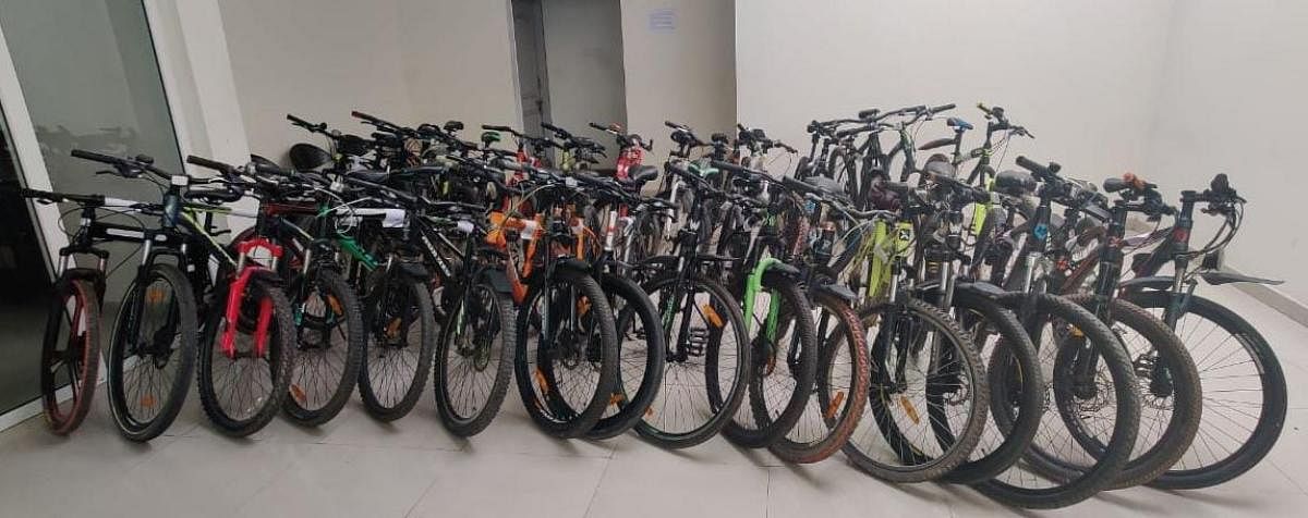 The stolen bicycles recovered by the Sanjaynagar police.