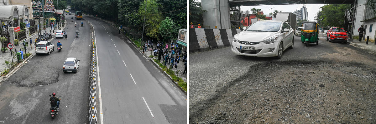 Kasturba Road, one of the main thoroughfares in central Bengaluru, is riddled with potholes just a month after getting a “smart” makeover under the eponymous project. Credit: DH Photos/S K Dinesh