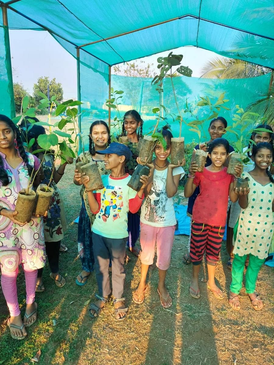 Children nurture seedlings at the Deenabandhu Home's nursery in Chamarajanagar. 