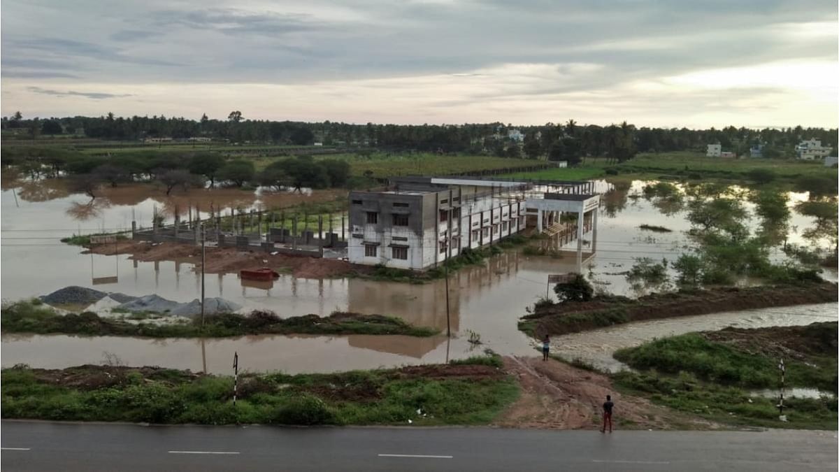 A view of the marooned government degree college for women in Chikkaballapur, following heavy rain on Sunday.