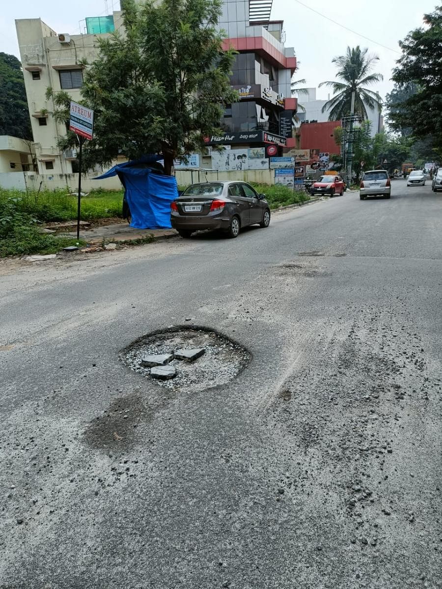 The pothole that caused the accident at 12th Cross Road in Ramco BHEL Layout, RR Nagar, West Bengaluru. 
