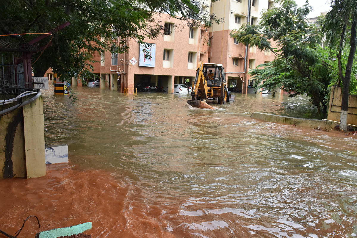 The waterlogged basement of the Kendriya Vihar apartment in Yelahanka, North Bengaluru, on Friday. DH PHOTO/B K Janardhan