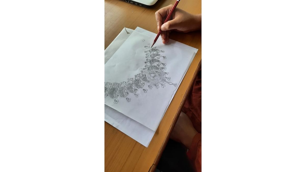 Sketch of a peacock necklace by Bharathy Harish.