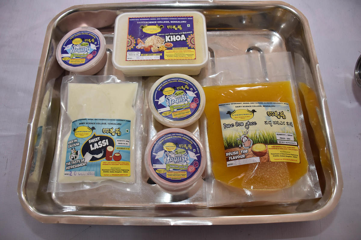 The different dairy products marketed by the students of Dairy Sciences College, Hebbal. Credit: DH Photo/BK Janardhan