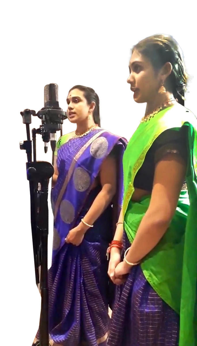 S Aishwarya and S Saundarya record the Suprabhatam at a studio in Chennai. 