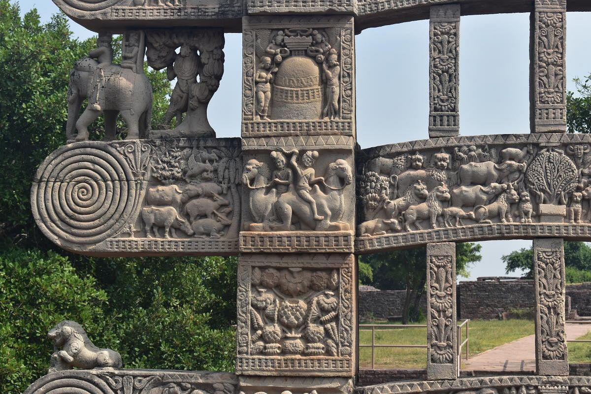 Part of the eastern torana of the Sanchi stupa, showing depiction of Bactrian camels. Photo by Srikumar Menon