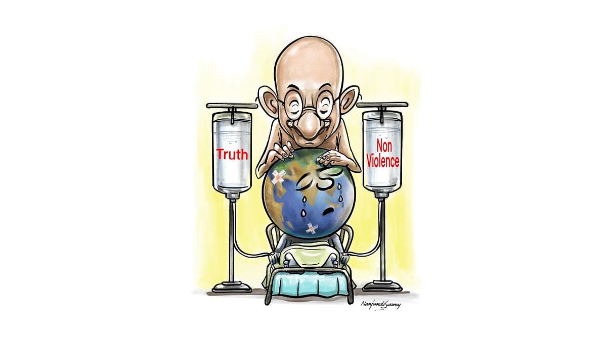 ‘Gandhi and globe’, a cartoon by Nanjunda Swamy Y S.