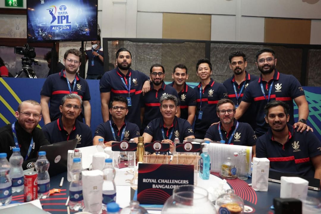 Malolan Rangarajan (right, first row) with the RCB management after the mega auction in Bengaluru in the second week of February.