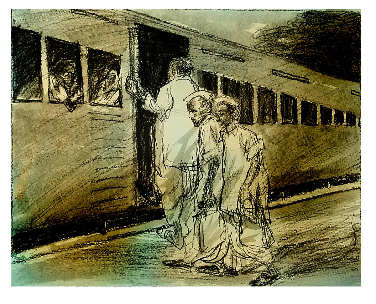 In civilian clothes, they board a goods train to Siam (now Thailand). Illustration by M S Prakash Babu